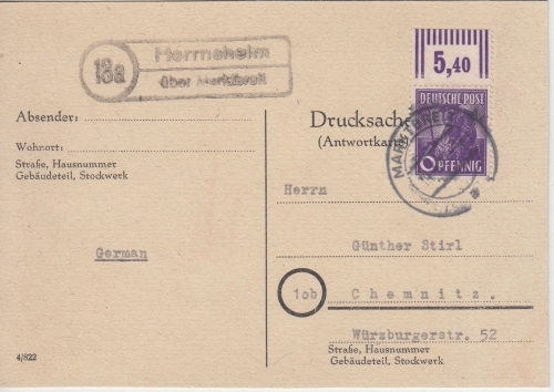 All.Bes. (13a) Herrnsheim ü. Marktbreit Landpost-Ra2 Drucksache n. Chemnitz 1947