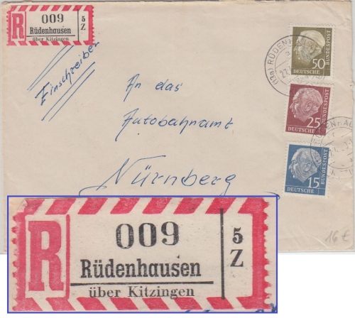 BRD - 15+25+50 Pfg. Heuss I/II Einschreibebrief Rüdenhausen ü. Kitzingen 1960