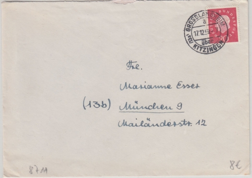 BRD - (13a) Großlangheim ü. Kitzingen Poststelle I Brief n. München 1959