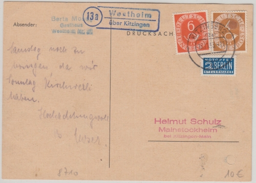 BRD - (13a) Westheim ü. Kitzingen Landpost Ra2 Karte n. Mainstockheim 1952