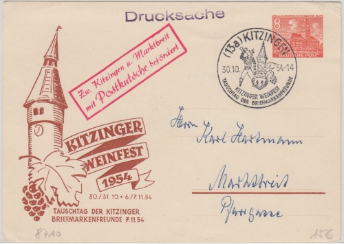 Berlin - 8 Pfg. Bauten Privatganzsache Weinfest Kitzingen + SST 1954