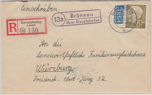 BRD - 13a Brünnau ü. Gerolzhofen Landpost-Ra2 Einschreibebrief n. Würzburg 1955