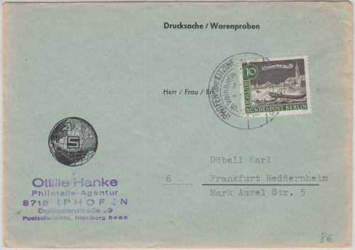 BRD - Iphofen ü. Kitzingen Poststelle I apt. Handwerbestpl. Drucksache 1962