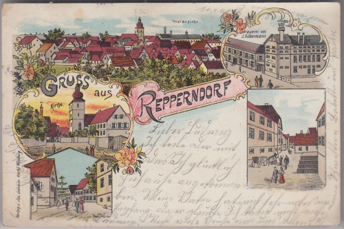 Bayern - Repperndorf Brauerei Kirche etc. farb. Mehrbildlitho gelaufen 1906