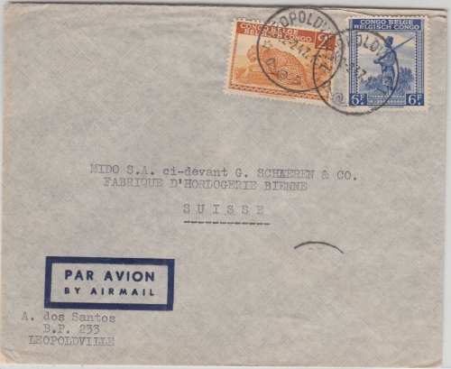 Belgisch Congo - 6+2 Fr. Freimarken Luftpostbrief i.d. SCHWEIZ Leopoldville 1947