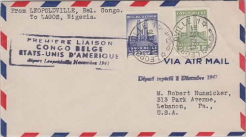 Belgisch Congo - 1st-flight n. USA Etappe Leopoldville - Natal 1941