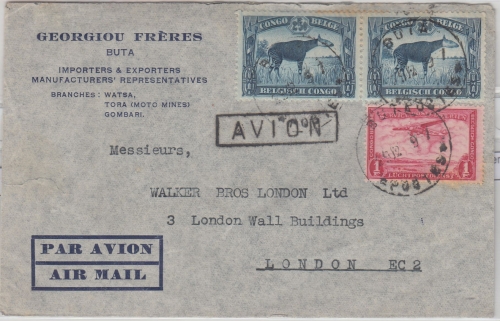 Belgisch Congo - 2x2,50+1 Fr. Freimarken Luftpostbrief n. ENGLAND Buta 1939