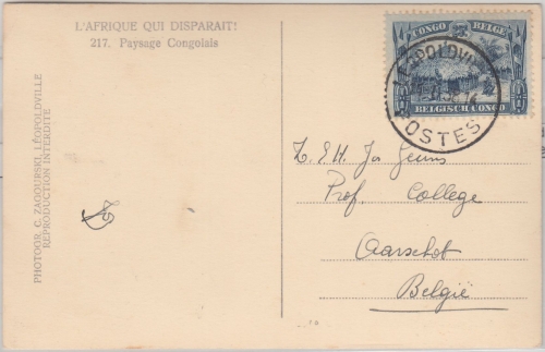 Belgisch Congo - 25 C. Freimarke Karte Leopoldville - Aarschot 1938