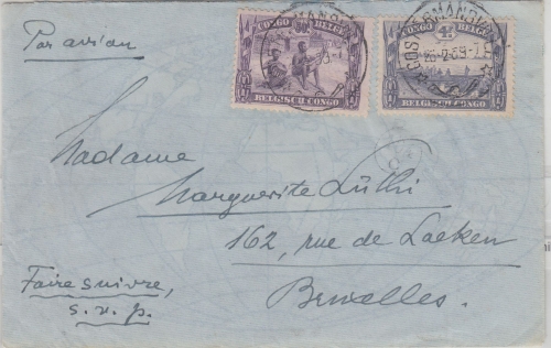 Belgisch Congo - 4 Fr.+50 C. Freimarken Luftpostbrief Costermansville 1939