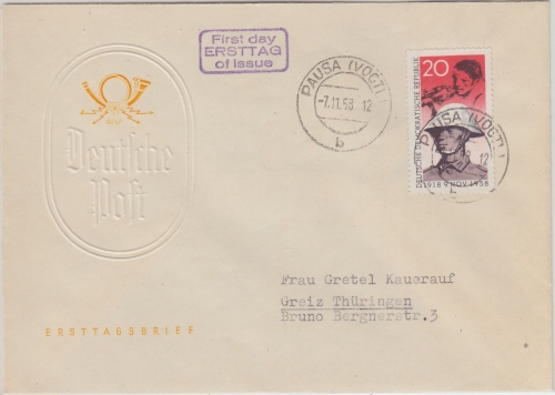DDR - 20 Pfg. 40 J. Novemberrevolution "Pappchinese" FDC Pausa 7.11.58-12