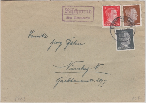 DR - Bischwind ü. Gerolzhofen Landpost-Ra2 Brief n. Nürnberg 1943