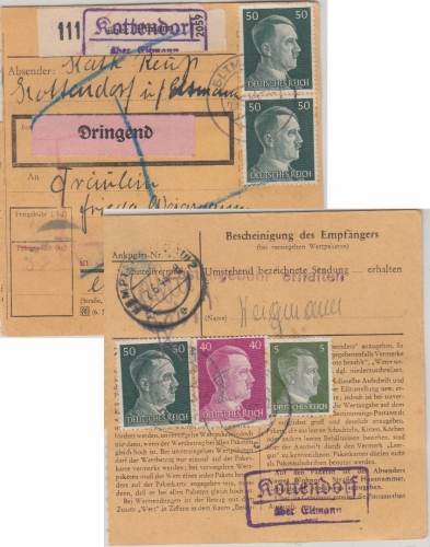 DR - Kottendorf ü. Eltmann Landpost-Ra2 Dringend-Paketkarte n. Kempten 1944