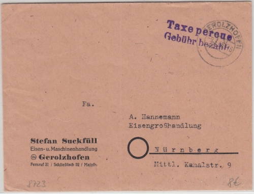 All.Bes. - Gerozhofen 9.3.46 Taxe percue/Gebühr bezahlt L2 Brief n. Nürnberg
