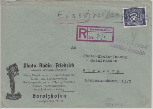 All.Bes. - 80 Pfg. Ziffer/gebühr bezahlt Einschreibebrief Gerolzhofen 1946
