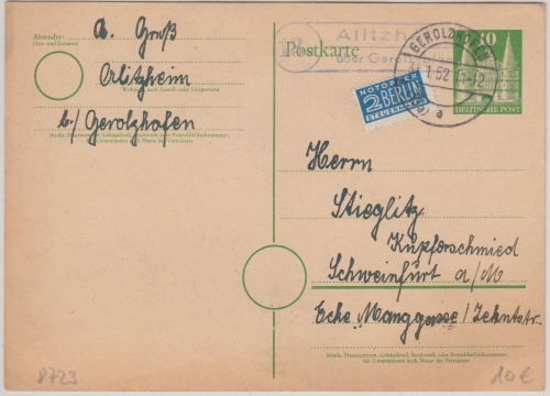 Bizone - (13a) Alitzheim ü. Gerolzhofen Landpost-Ra2 Ganzsache n. Schweinfurt
