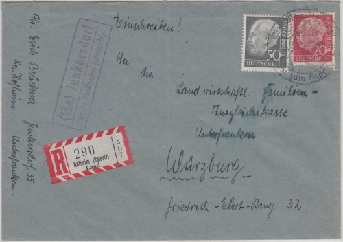 BRD - (13a) Junkersdorf ü. Hofheim Landpost-Ra2 Einschreibebrief n Würzburg 1956