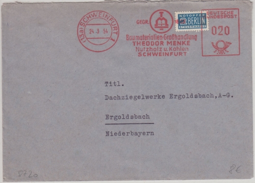 BRD - Schweinfurt 1954 20 Pfg. AFS Baumaterialien Menke Brief n. Ergoldsbach