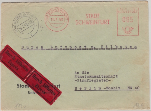 BRD - Schweinfurt 1959 85 Pfg. AFS Stadt Schweinfurt Eilbrief n. Berlin-Moabit