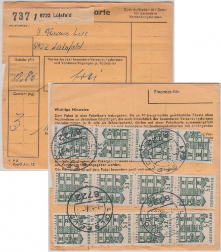 BRD - 12x15 Pfg. kl. Bauwerke Paketkarte Lülsfeld - Unterhorst 1966
