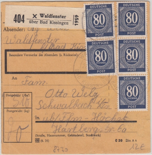 All.Bes./Kontrollrat - 5x80 Pfg. Ziffer u.a. Paketkarte Waldfenster Pst. I 1946