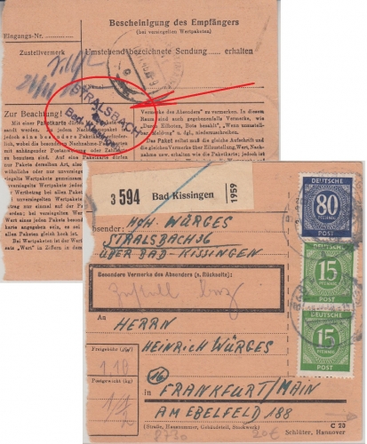 All.Bes./Kontrollrat - Stralsbach ü. Bad Kissingen Landpost-L3 Paketkarte 1946