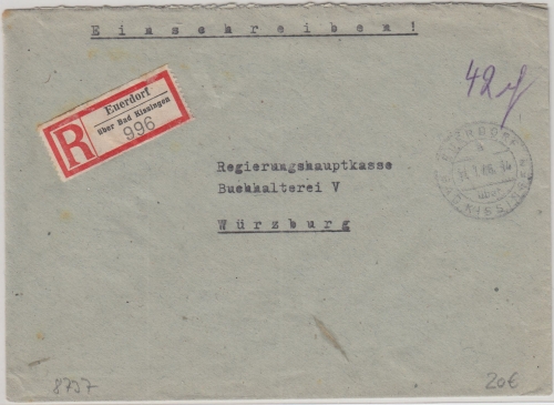 All.Bes. - Euerdorf ü. Bad Kissingen 14.1.46 "42 Pfg." Pst I Einschreibebrief