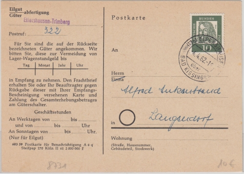 BRD - (13a) Elfershausen ü. Bad Kissingen Pst I Frachtgutbenachrichtigung 1962