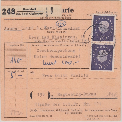 BRD - Euerdorf ü. Bad Kissingen Pst I Paketkarte 2x70 Pfg. Heuss III 1962