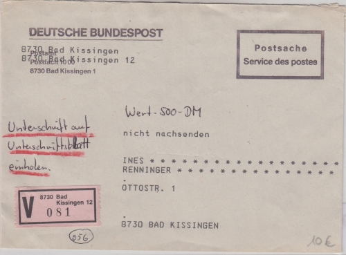BRD - Bad Kissingen ca. 1985 Postsache Ortswertbrief