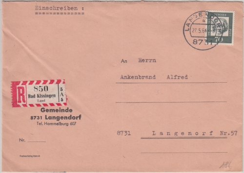 BRD - Bad Kissingen Land R-Zettel Ortseinschreibebrief Langendorf 1964