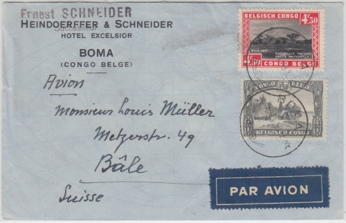 Belgisch Congo - 4,50 Fr. Nationalpark u.a. Luftpostbrief i.d. SCHWEIZ Boma 1938
