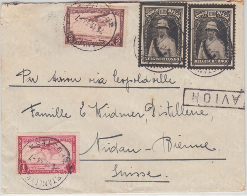 Belgisch Congo - 2x1,50 Fr. Trauermarke u.a. Luftpostbrief Stanleyville 1934