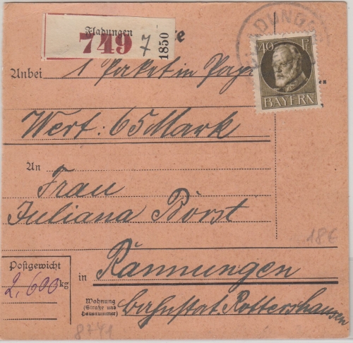 Bayern - 40 Pfg. Ludwig Wertpaketkarte Fladungen - Ramungen 1918