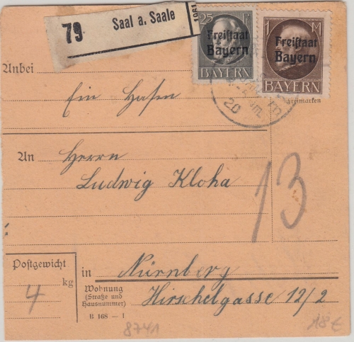 Bayern - 1 M.+25 Pfg. Ludwig/Freistaat Paketkarte Saal a/S. - Nürnberg 1920