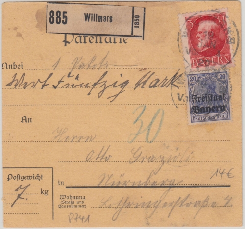 Bayern - 3 M. Ludwig u.a. Wertpaketkarte Willmars - Nürnberg 1920