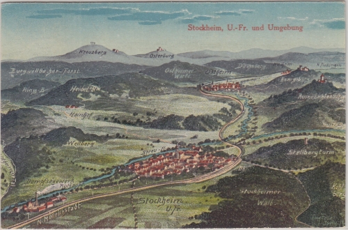 Bayern - Stockheim Ufr. Vogelperspektive farb. AK gelaufen 1940
