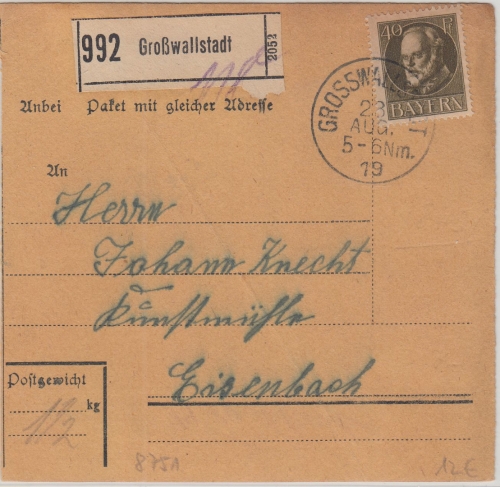 Bayern - 40 Pfg. Ludwig Paketkarte Gr0ßwallstadt - Eisenbach 1919