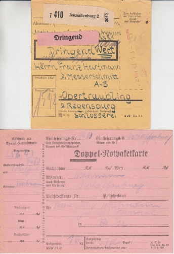DR - Aschaffenburg 2 4,05 M Registrierkassenstempel Dringend-Wertpaketkarte 1943