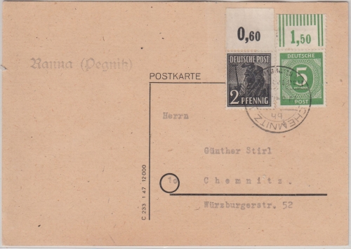 All.Bes. - Ranna (Pegnitz) Landpost-L1 Karte n. Chemnitz 1947