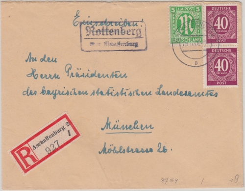 All.Bes./AM-Post - Rottenberg ü Aschaffenburg Landpost-Ra2 Einschreibebrief 1946