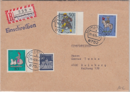 BRD - Mainaschaff 1974 Einschreibebrief n. Duisburg R-Zettel Aschaffenburg !!