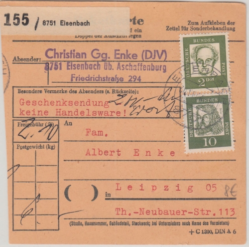BRD - 2 M.+10 Pfg. Bed. Deutsche Paketkarte Eisenbach - Leipzig 1964
