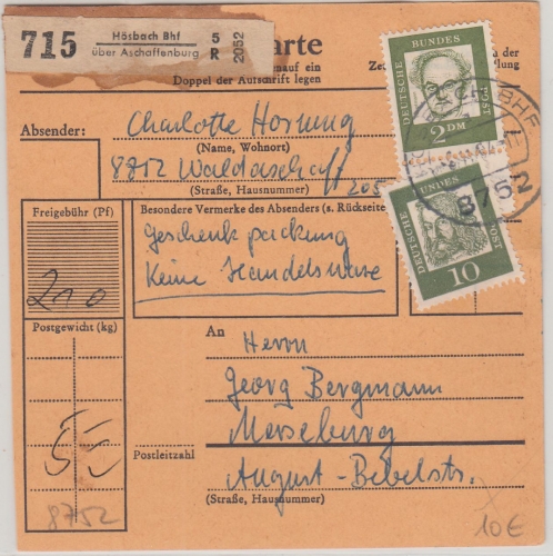 BRD - Hösbach Bhf ü. Aschaffenburg Pst I Paketkarte n. Merseburg 1964