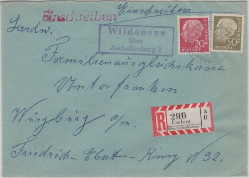 BRD - Wildensee ü. Aschaffenburg 2 Landpost-Ra3 Einschreibebrief Eschau 1957