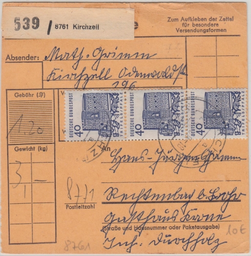 BRD - 3x40 Pfg. kl. Bauwerke Paketkarte Kirchzell - Lohr 1966