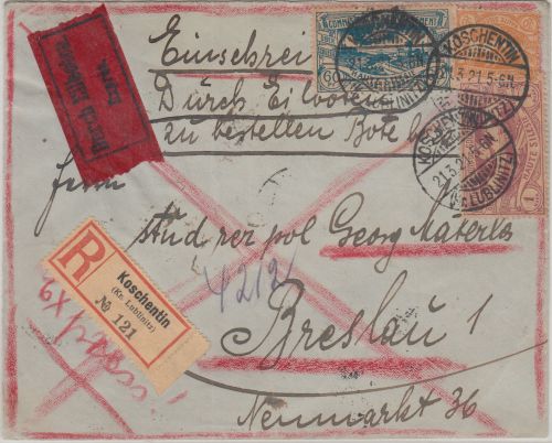 Oberschlesien - 1 M. Freimarke u.a. Eil-Einschreibebrief Koschentin 21.3.21