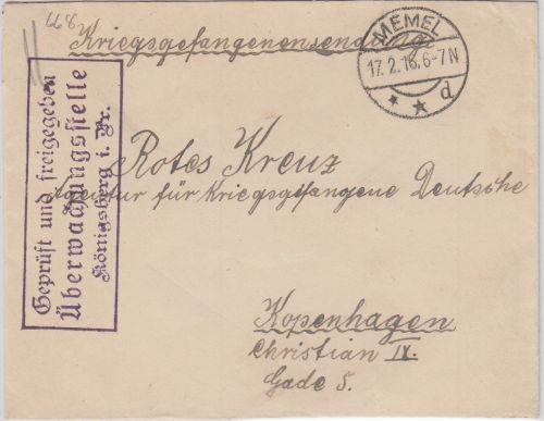 DR - Memel 17.2.16 Kriegsgefangenenbrief n. DÄNEMARK (Rotes Kreuz Kopenhagen)