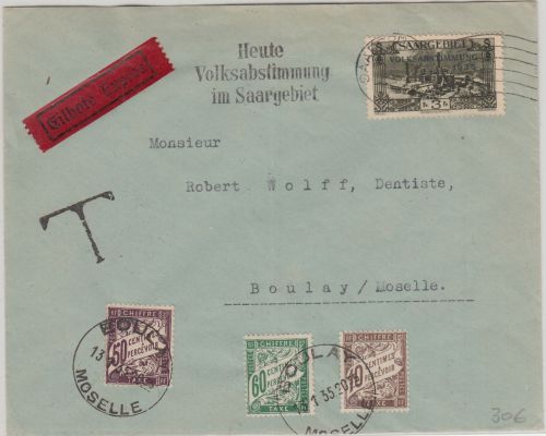 Saargebiet - 3 Fr. Freimarke/Volksabstimmung Eilbrief Saarbrücken 13.1.35