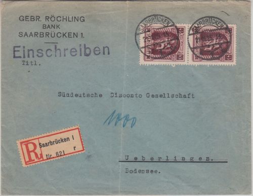 Saargebiet - 2x45 C. Madonna Einschreibebrief Saarbrücken- Überlingen 1925