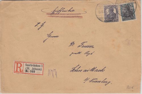 Saargebiet - 75+15 Pfg. Germania Einschreibebrief Saarbrücken - Schnaittach 1920